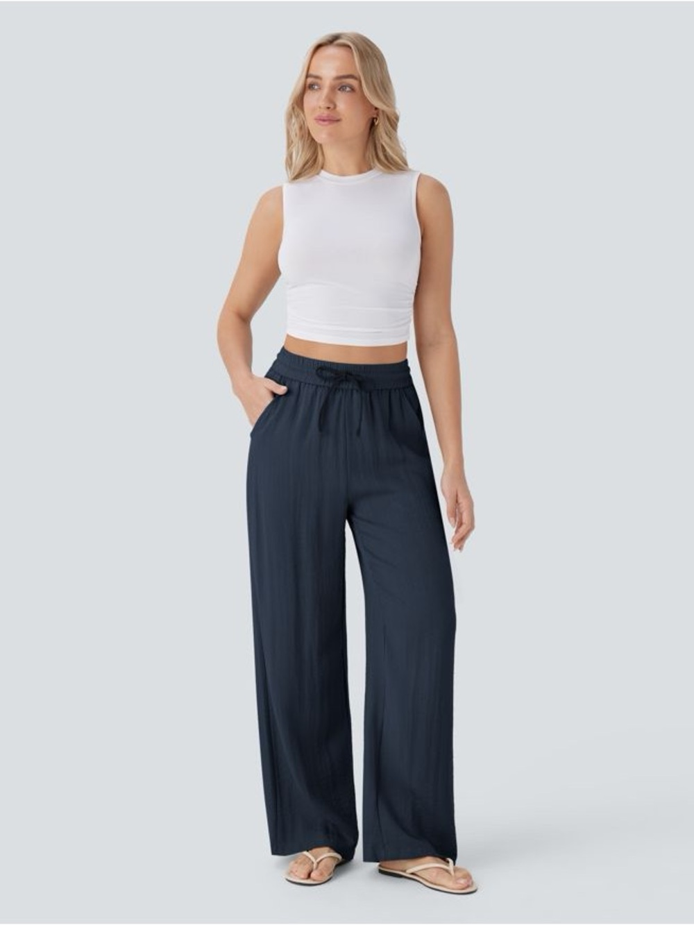 Halara High Waisted Drawstring Pocket Wide Leg Baggy Casual Linen-Feel Pants